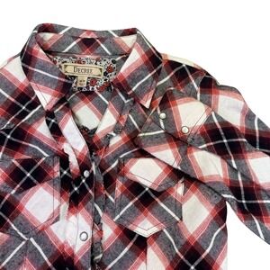 Decree Pearl Snap Shirt Women's Medium Western Flannel Plaid Long Sleeve Red